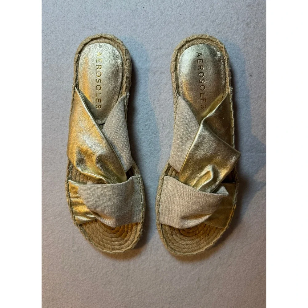 Aerosoles Paramus Gold Metallic Leather Espadrille Slide Sandals Womens 9.5M